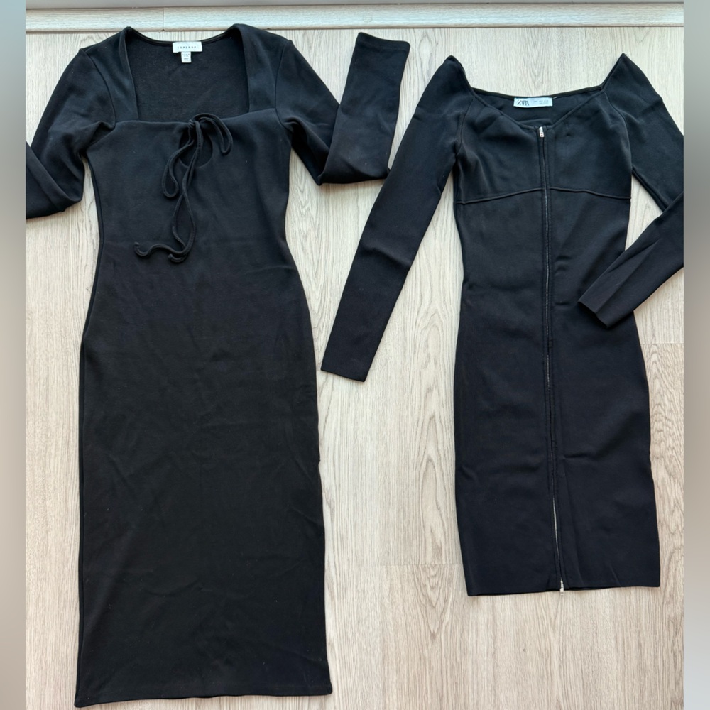 Topshop Black Knit Bodycon Dress and ZARA - Front Zip MIDI Dress. Size S.